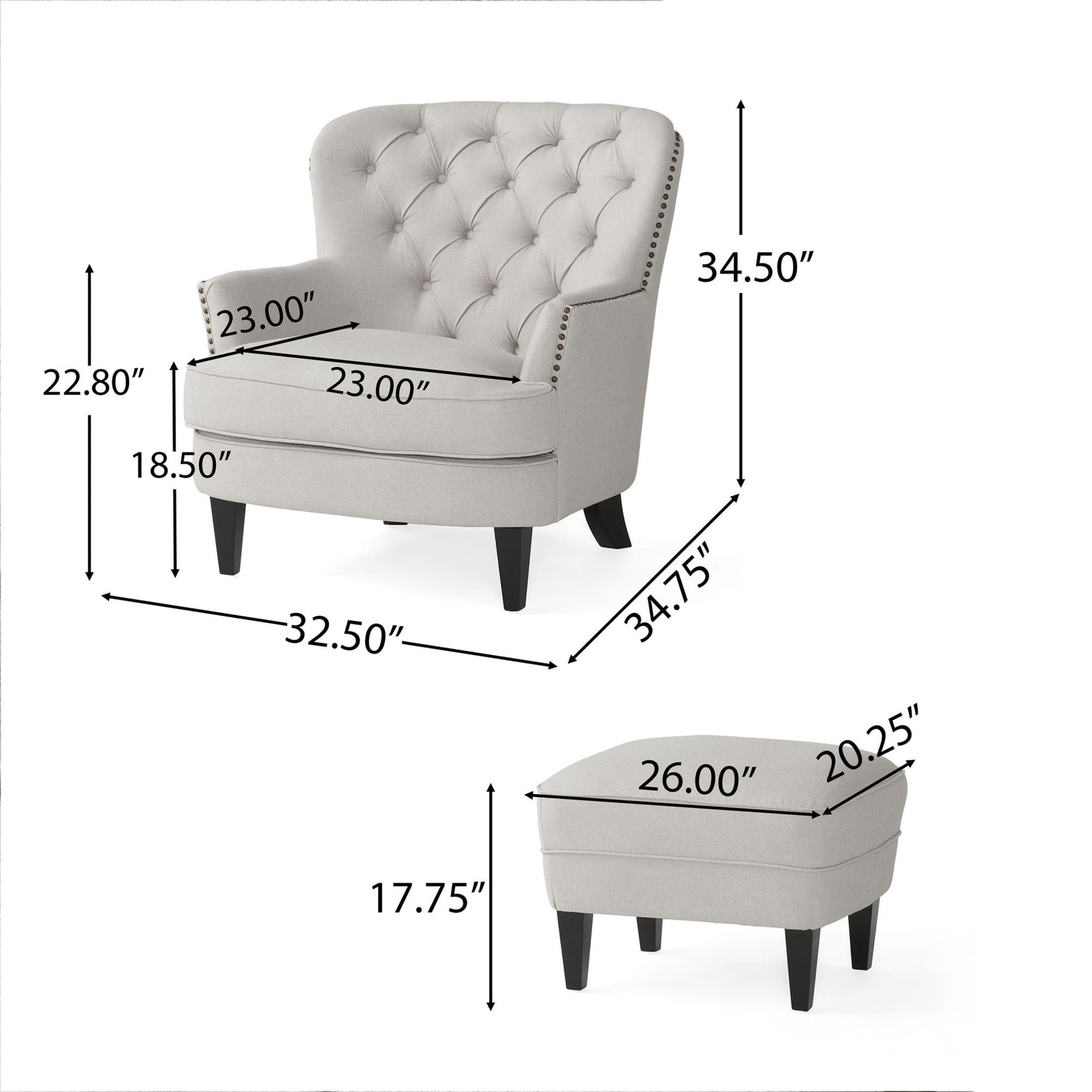 Fauteuil et ottoman modernes en tissu gris clair de style club, fauteuil rembourré avec ottoman assorti, marque eprolo
