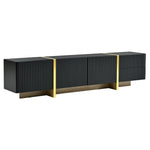 Meuble TV luxe noir pour téléviseurs jusqu'à 80 pouces, centre de divertissement moderne avec rangements et tiroirs.
