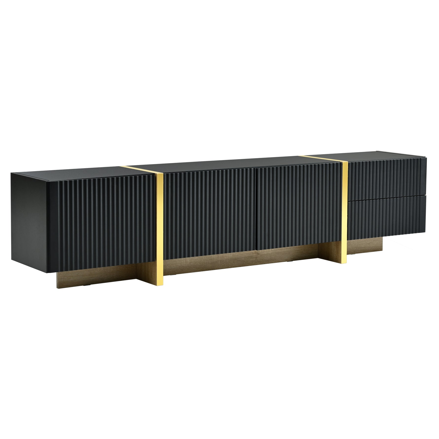 Meuble TV luxe noir pour téléviseurs jusqu'à 80 pouces, centre de divertissement moderne avec rangements et tiroirs.