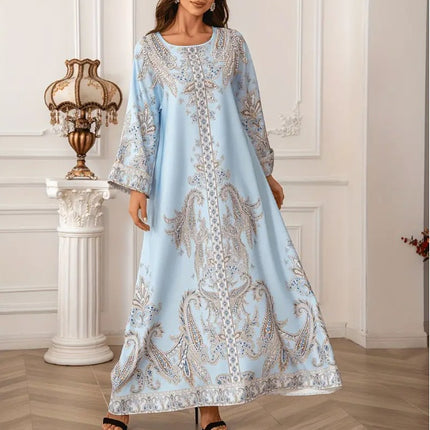 Elegant Floral Print Long Sleeve Abaya Dress
