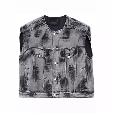 American Street Graffiti Padded Shoulder Sleeveless Denim Coat