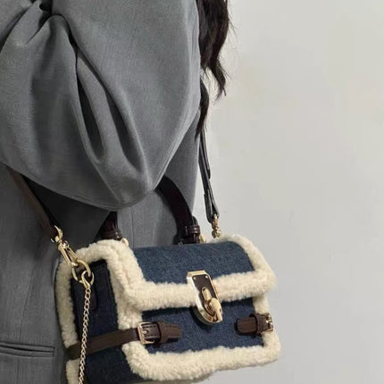 Patchwork Denim Lamb Wool All-match Messenger Bag