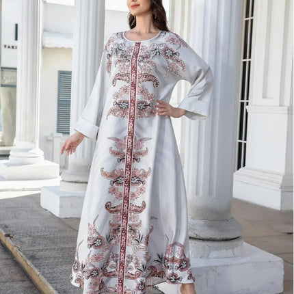 Elegant Floral Print Long Sleeve Abaya Dress