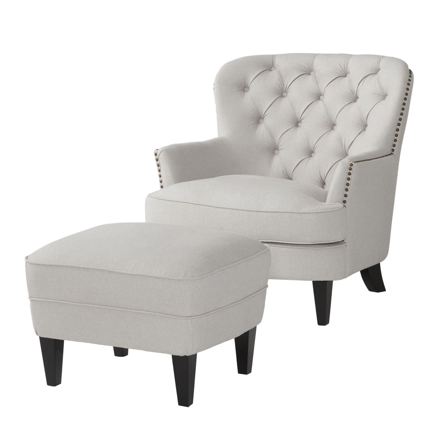 Chaise club moderne en tissu gris clair avec ottoman assorti, fauteuil cushioned et élégant, par eprolo.