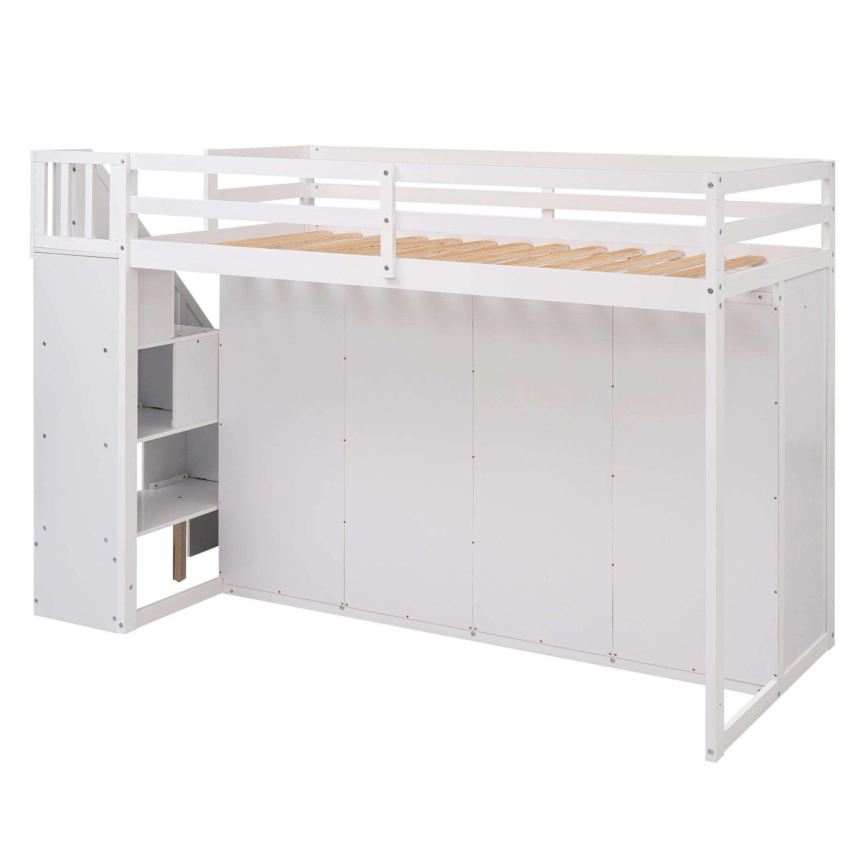 Lits mezzanine fonctionnel blanc eprolo avec 3 étagères, 2 armoires, 2 tiroirs, échelle avec rangement, sans sommier.