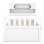 Cadre de lit twin size eprolo blanc avec rangements, étagères, bibliothèques intégrées et quatre tiroirs, style plateforme.