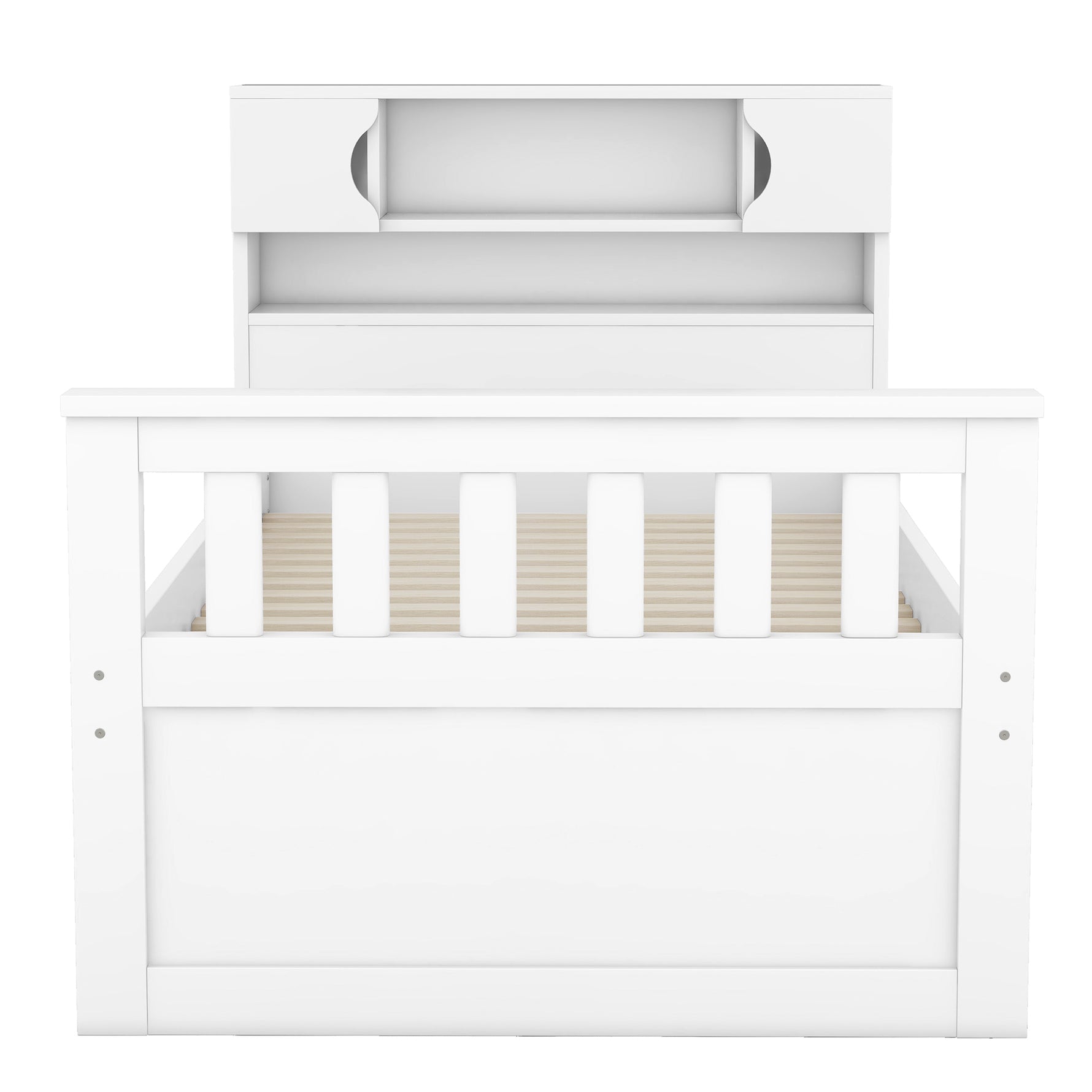 Cadre de lit twin size eprolo blanc avec rangements, étagères, bibliothèques intégrées et quatre tiroirs, style plateforme.