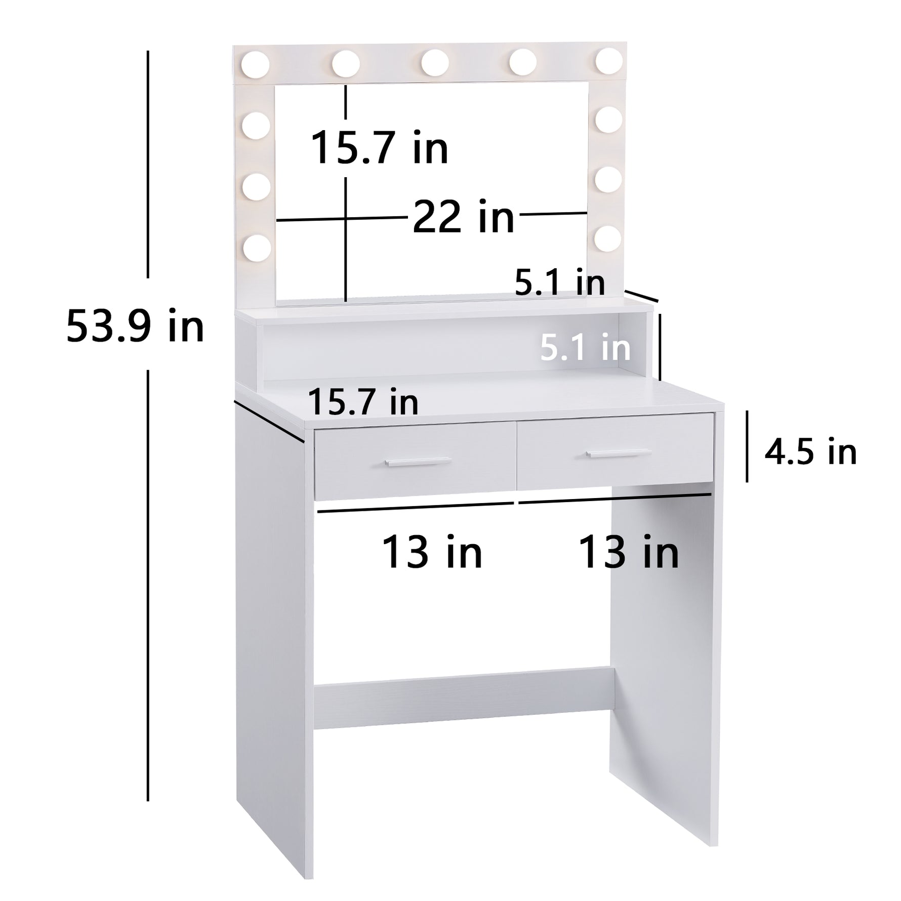 Coiffeuse avec miroir et éclairage eprolo, table de maquillage élégante avec surface lisse et espace de rangement.
