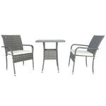 Ensemble de salon de jardin en rotin gris avec 3 pièces, comprenant des coussins blancs et une table basse pour patio.