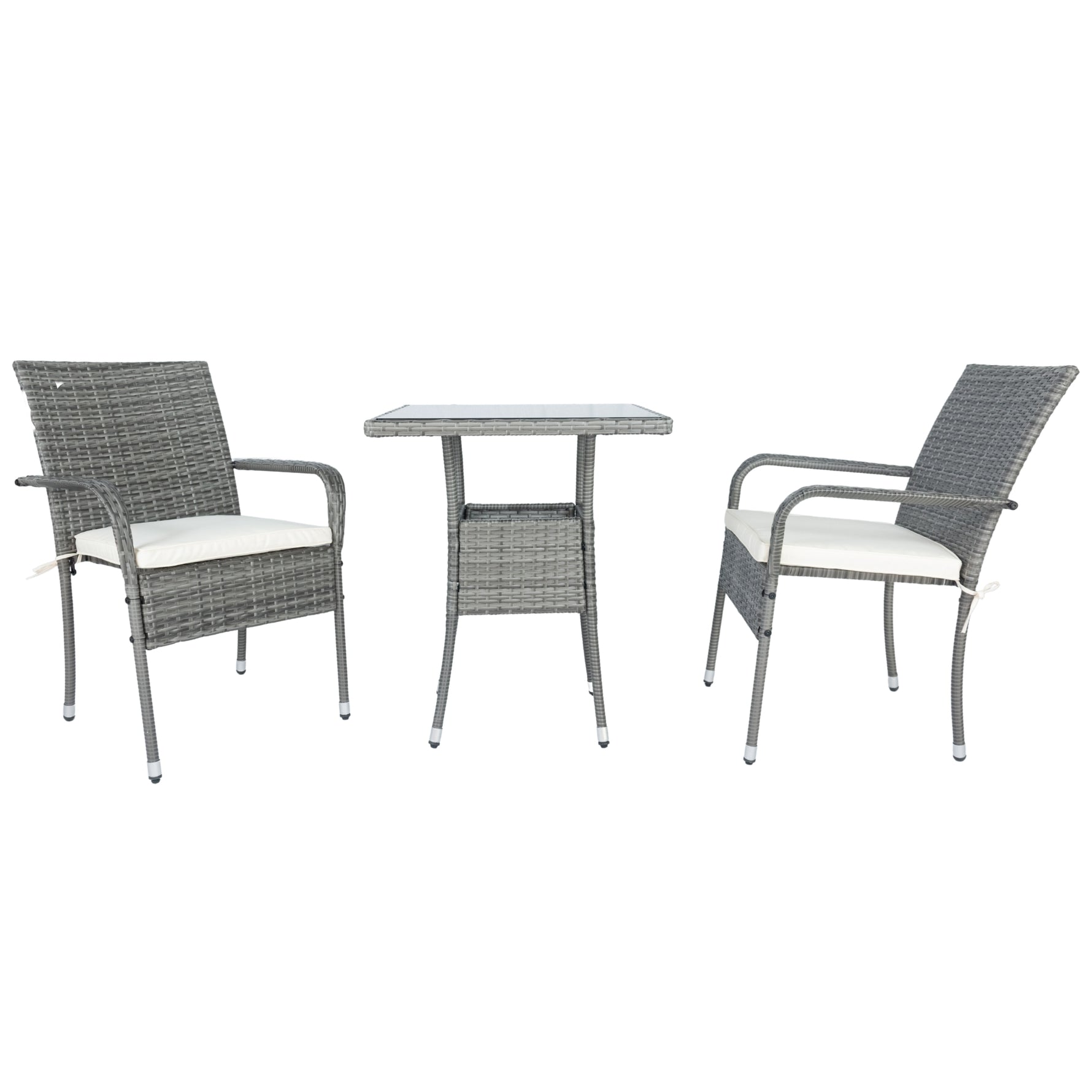 Ensemble de salon de jardin en rotin gris avec 3 pièces, comprenant des coussins blancs et une table basse pour patio.