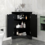Armoire de rangement noire en forme de triangle pour salle de bain ou cuisine, avec étagères réglables et design autoportant.