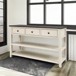 Table console rétro en bois de pin solide avec deux étagères ouvertes, finition espresso et beige pour salon, par eprolo