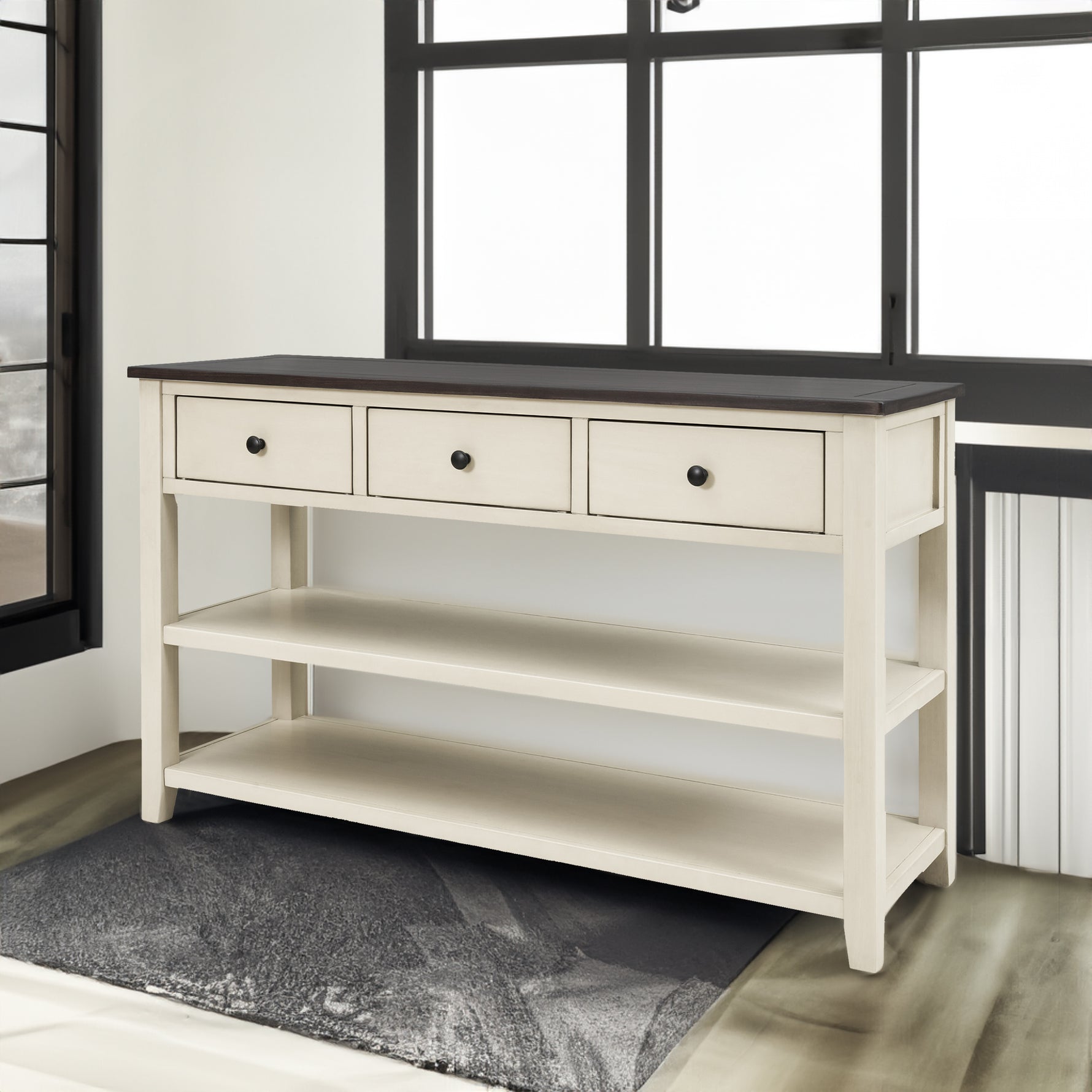 Table console rétro en bois de pin solide avec deux étagères ouvertes, finition espresso et beige pour salon, par eprolo