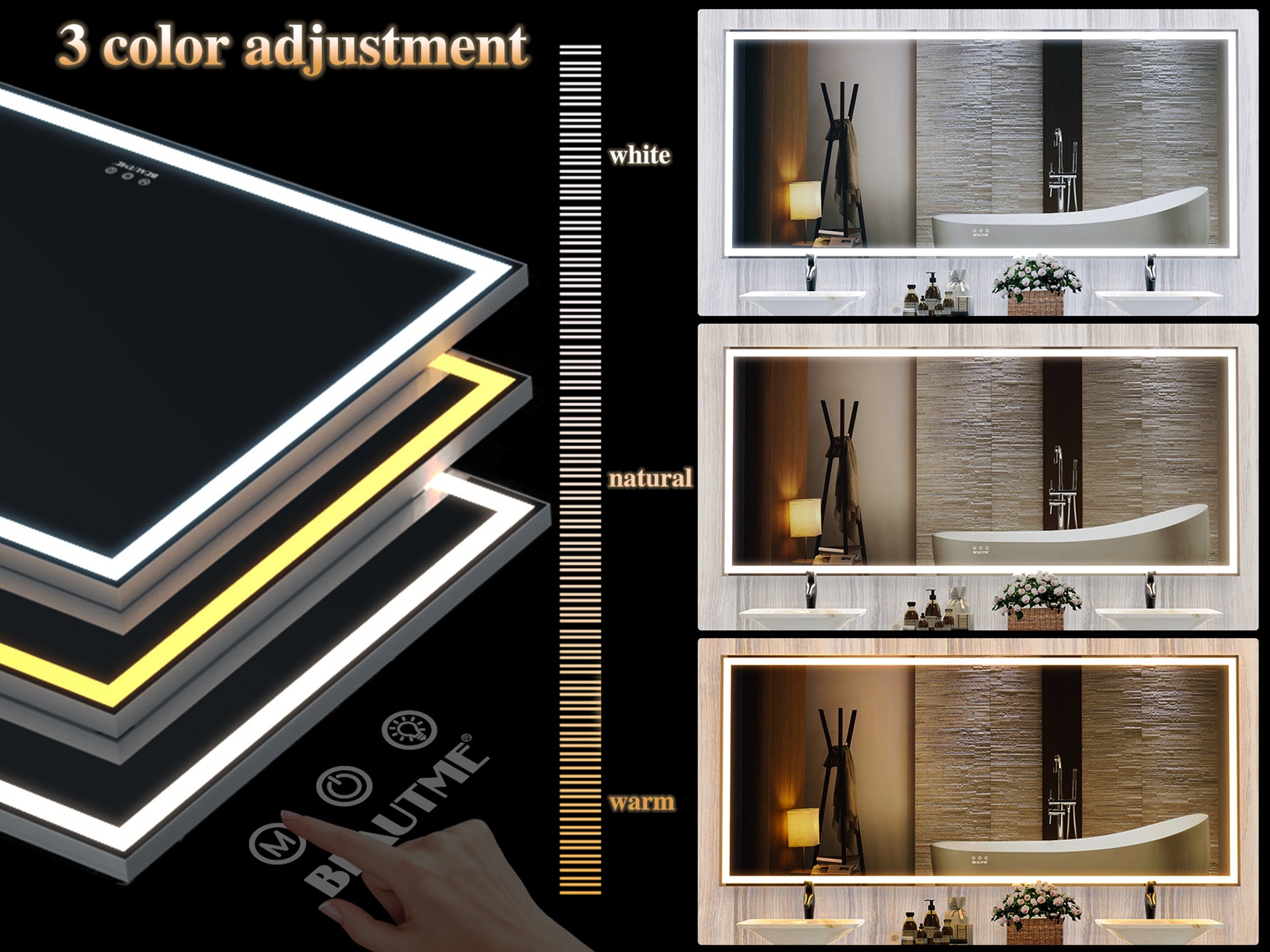 Miroir LED grand format 72x32 pouces de marque eprolo avec cadre en aluminium, éclairage réglable et miroir complet pour salle de bain.
