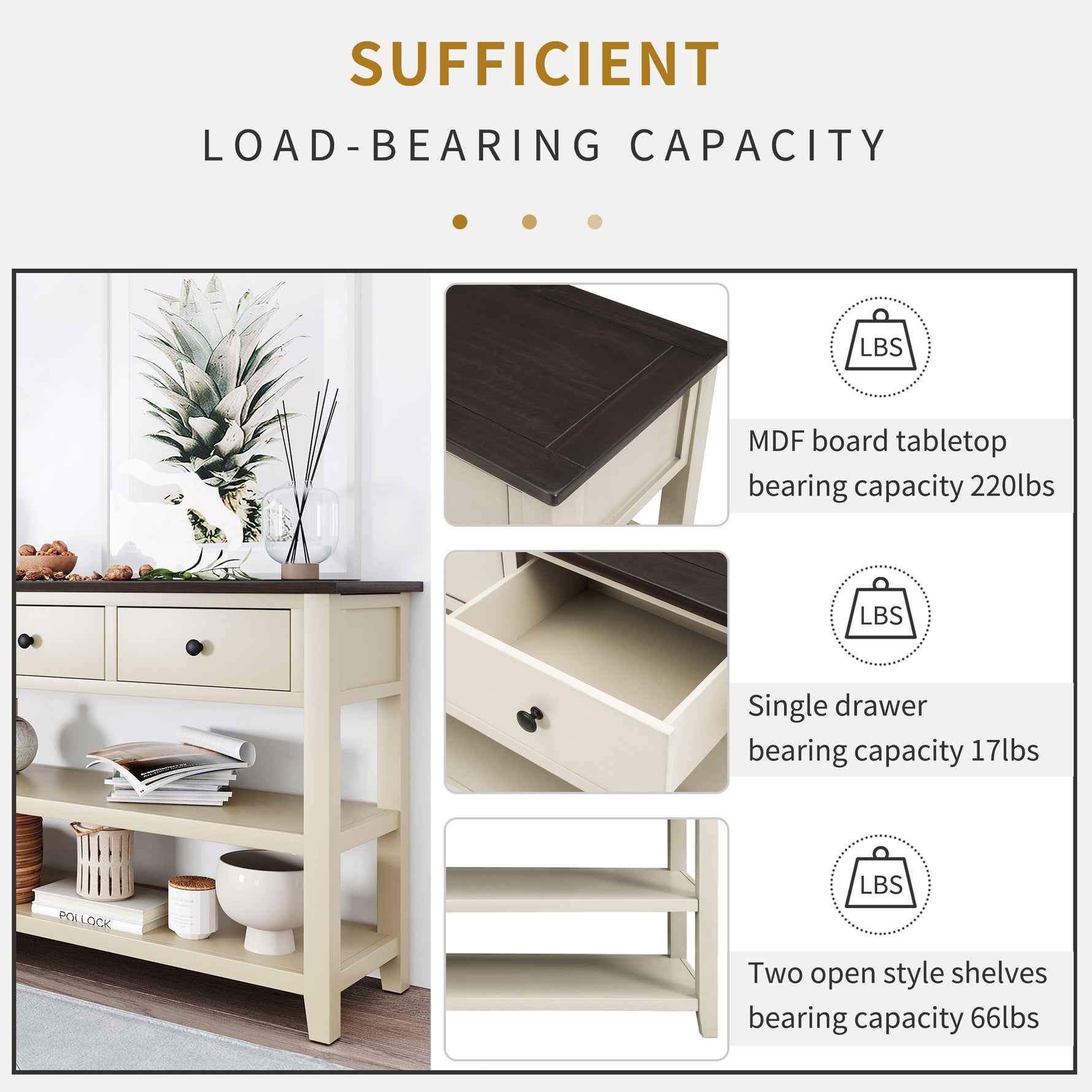Console rétro en bois de pin solide avec deux étagères ouvertes, finition espresso et beige, pour salon.