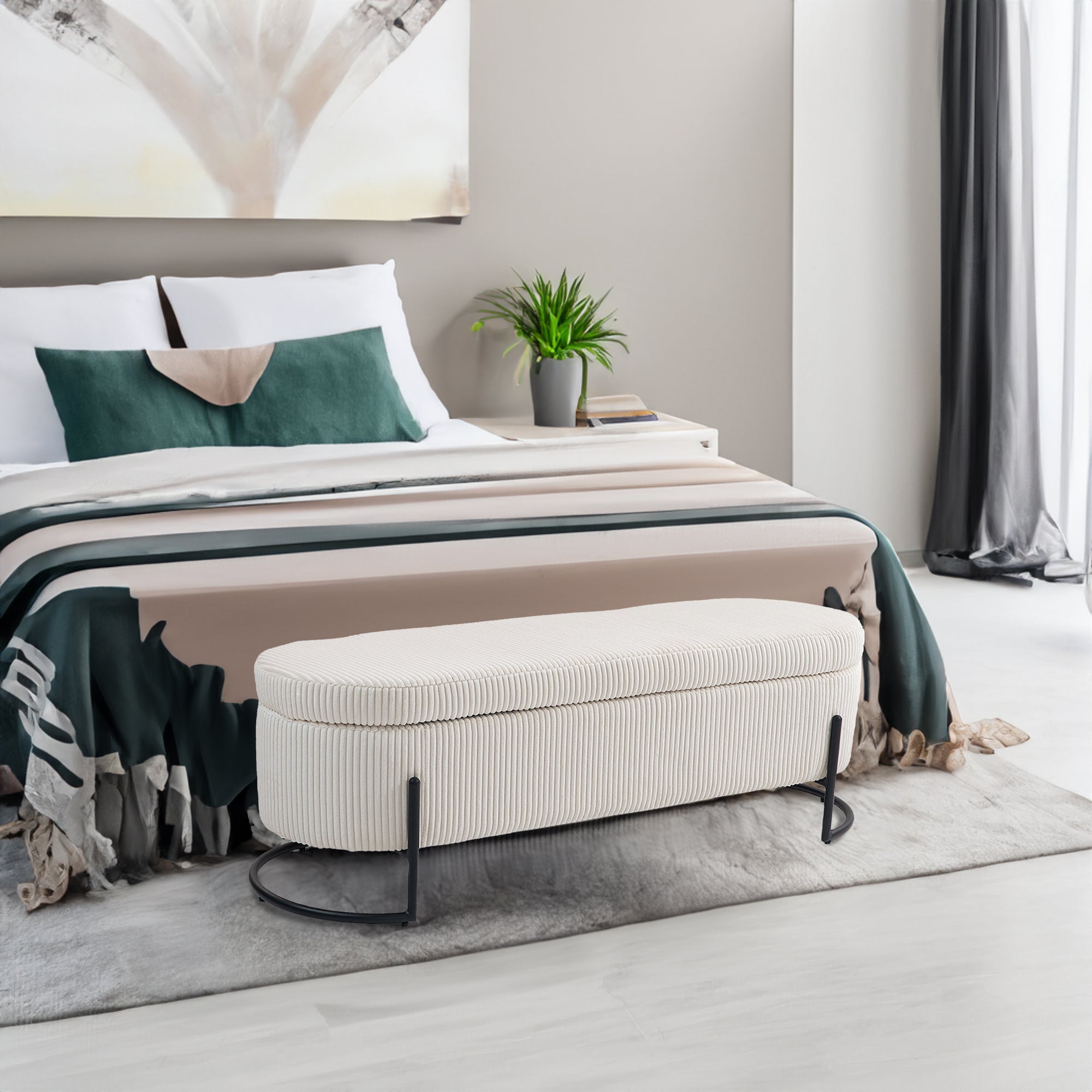 Pouf de rangement COOLMOR eprolo en tissu beige avec charnière de sécurité et coussin doux, fauteuil coffre multifonctionnel.