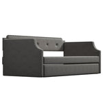 Canapé convertible rembourré avec tiroir de rangement, design élégant, tissu gris clair, idéal pour chambre à coucher ou salon.