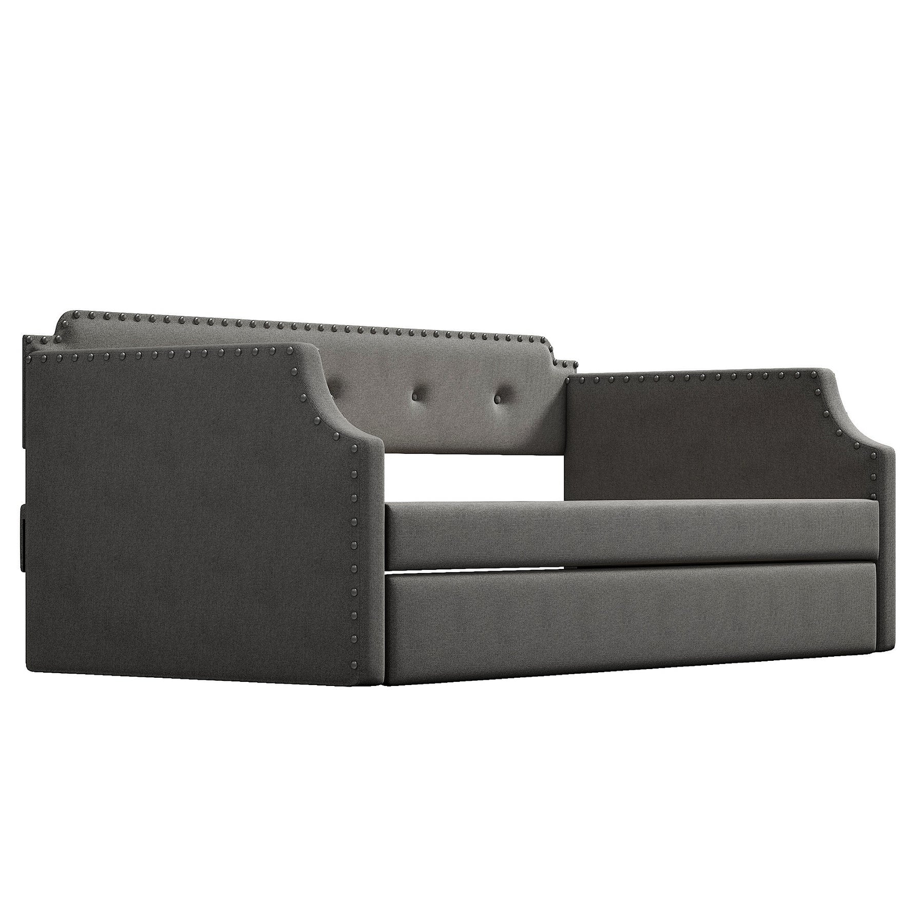 Canapé convertible rembourré avec tiroir de rangement, design élégant, tissu gris clair, idéal pour chambre à coucher ou salon.
