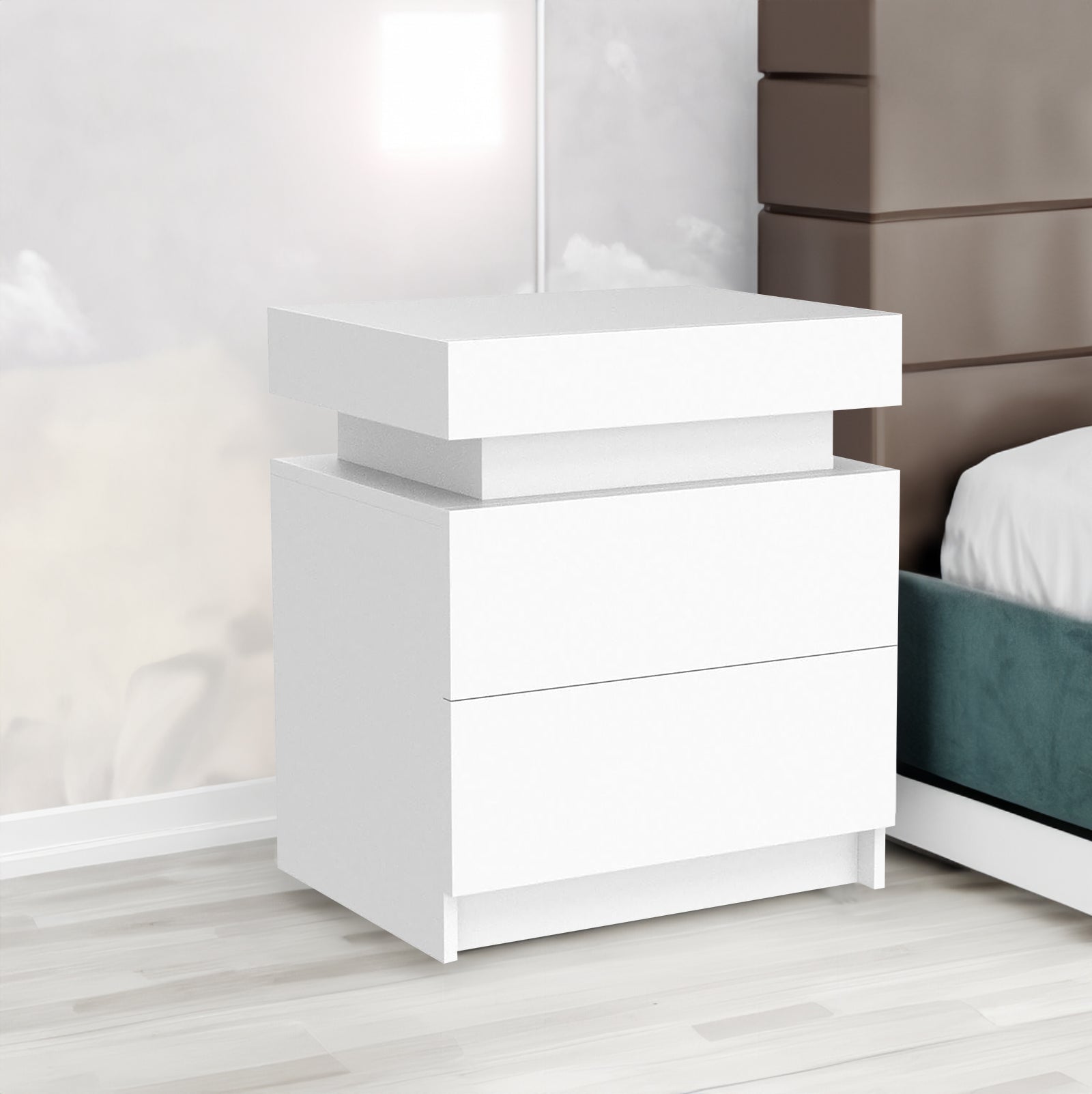Table de nuit moderne blanche eprolo avec tiroirs, en bois lisse, pour chambre à coucher élégante et fonctionnelle.