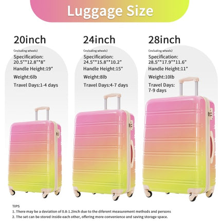 Hardshell Luggage Sets 3 Piece Gradient Color Expandable Suitcase With Spinner Wheels And TSA Lock Lightweight 20 24 28 Available,Pink Green