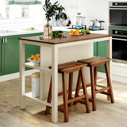 TOPMAX Solid Wood Rustic 3-Piece Kitchen Island Set With 2 Seats, Rubber Wood