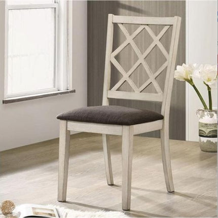 Antique White Solid Wood Set Of 2 Chairs Unique Design Back Kitchen Dining Room Breakfast Grey Cushion Seat Chair Fabric