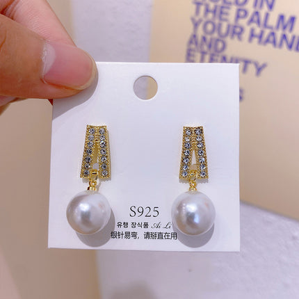 S925 Silver Needle Geometric Opal Temperament Diamond Earrings Simple