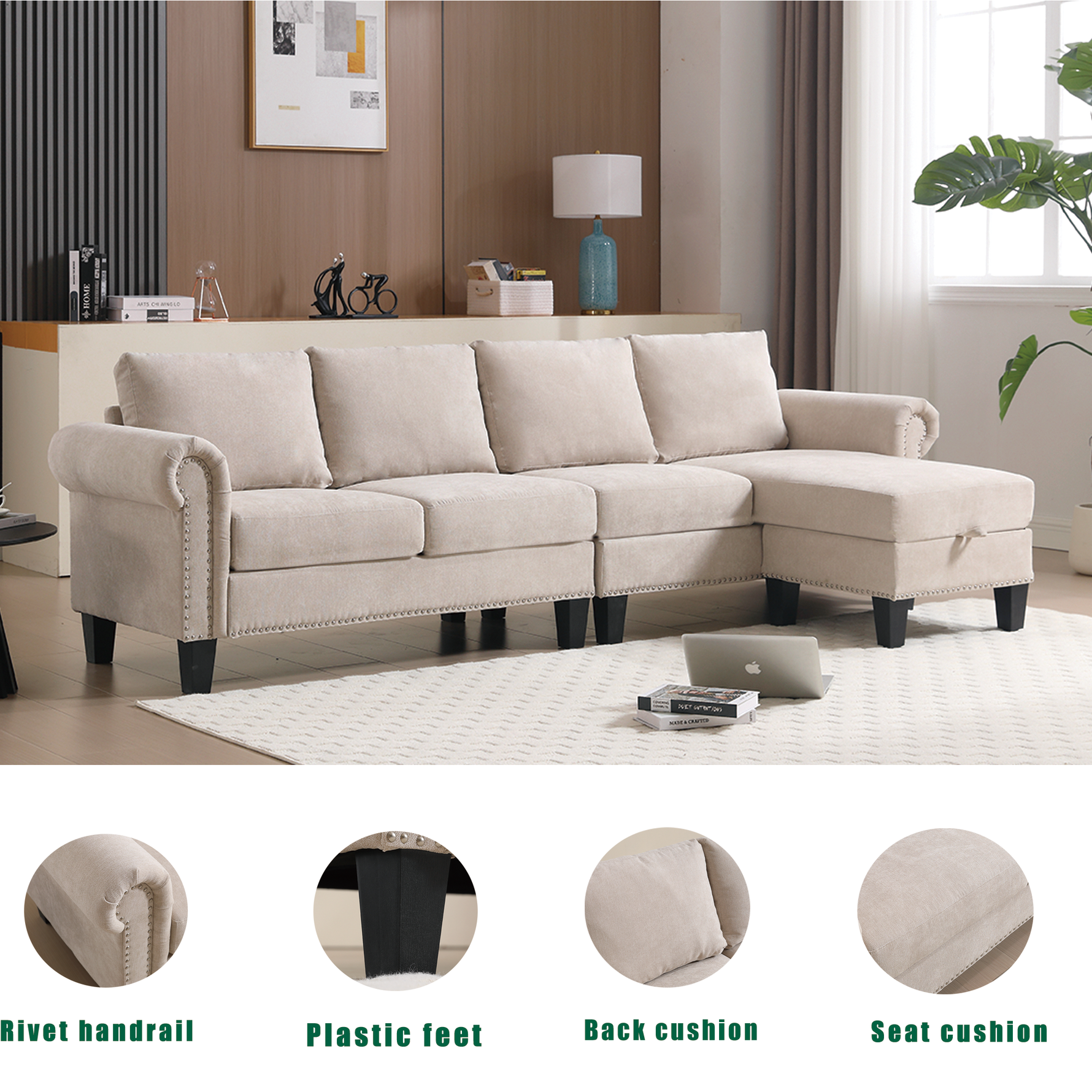 Canapé d'angle convertible beige avec rangement, en tissu lin moderne, style sectionnel L et quatre places.