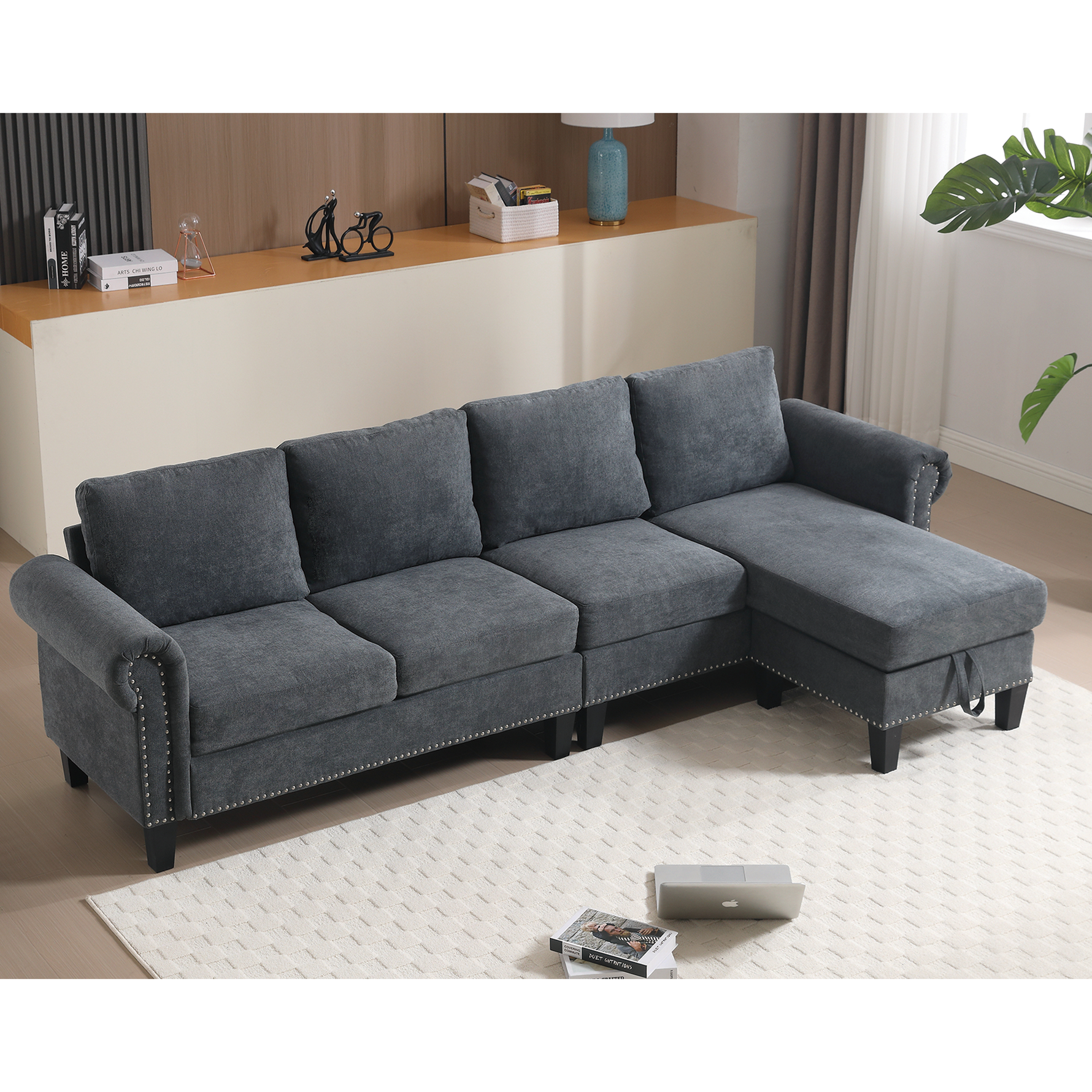 Canapé d'angle convertible avec espace de rangement eprolo, tissu gris et design moderne avec coussins confortables.