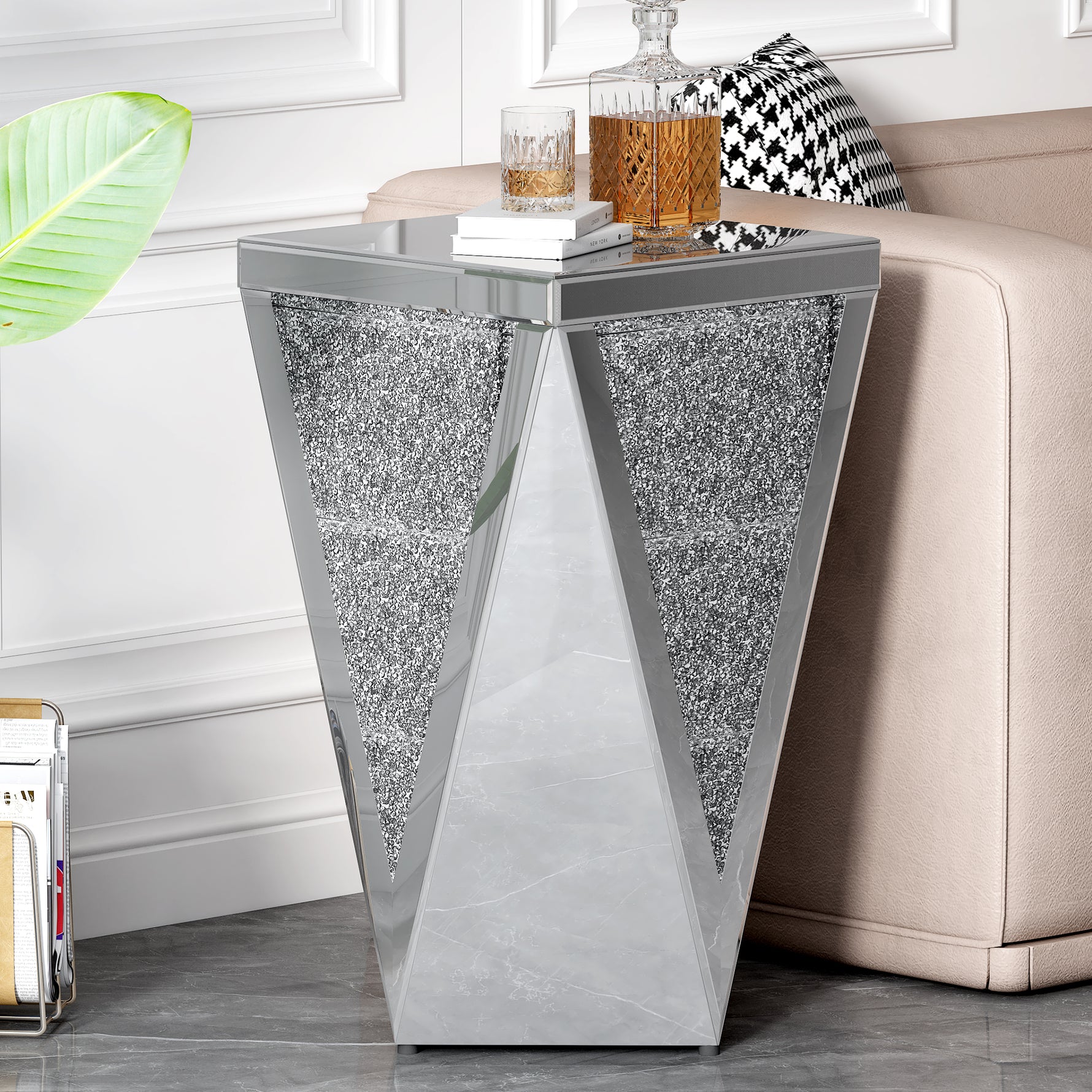 Table d'appoint moderne en miroir carré argenté U-Can 13,8'' avec diamants broyés, sans montage, pour salon.