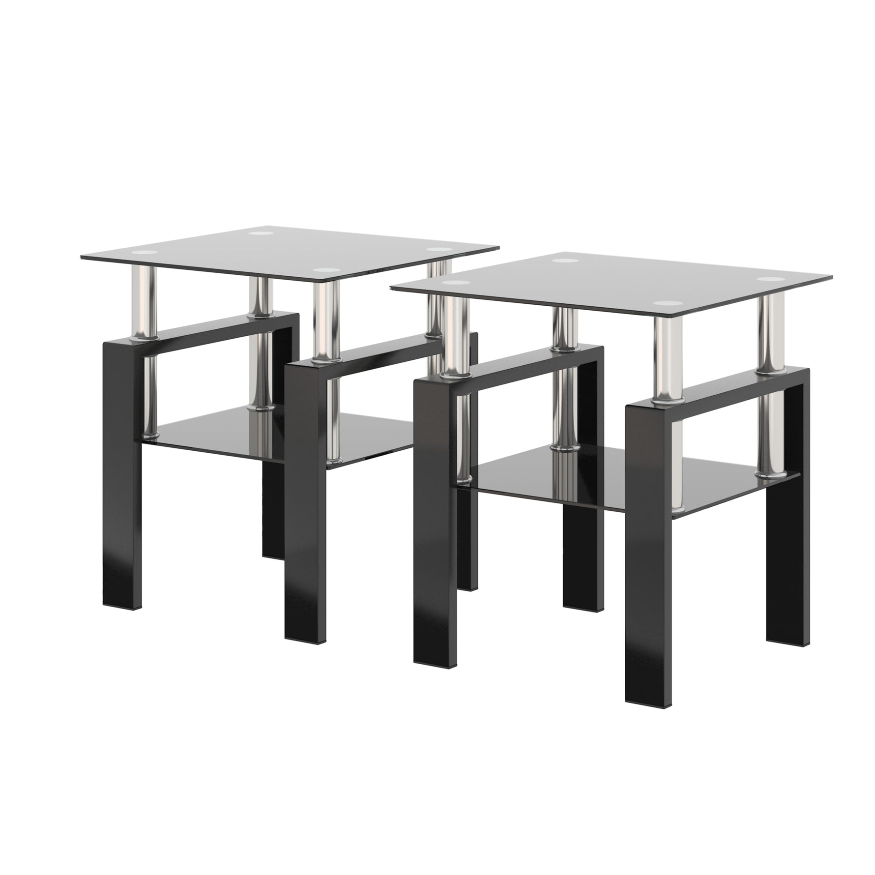 Ensemble de 2 tables basses en verre trempé noir, tables modernes carrées pour salon, style élégant et contemporain.