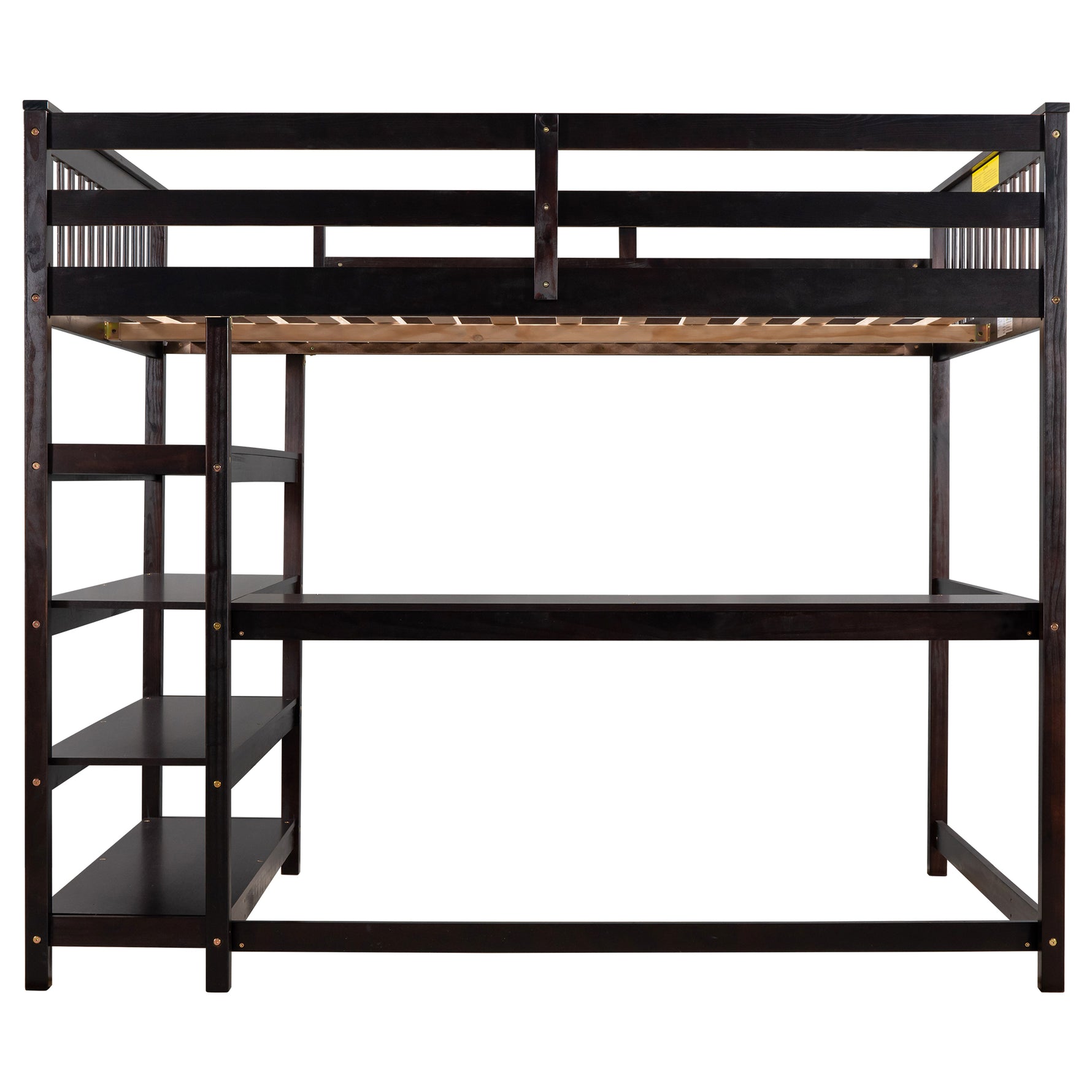 Lit mezzanine pleine taille eprolo avec rangements, étagères et bureau intégré sous le lit, finition espresso.