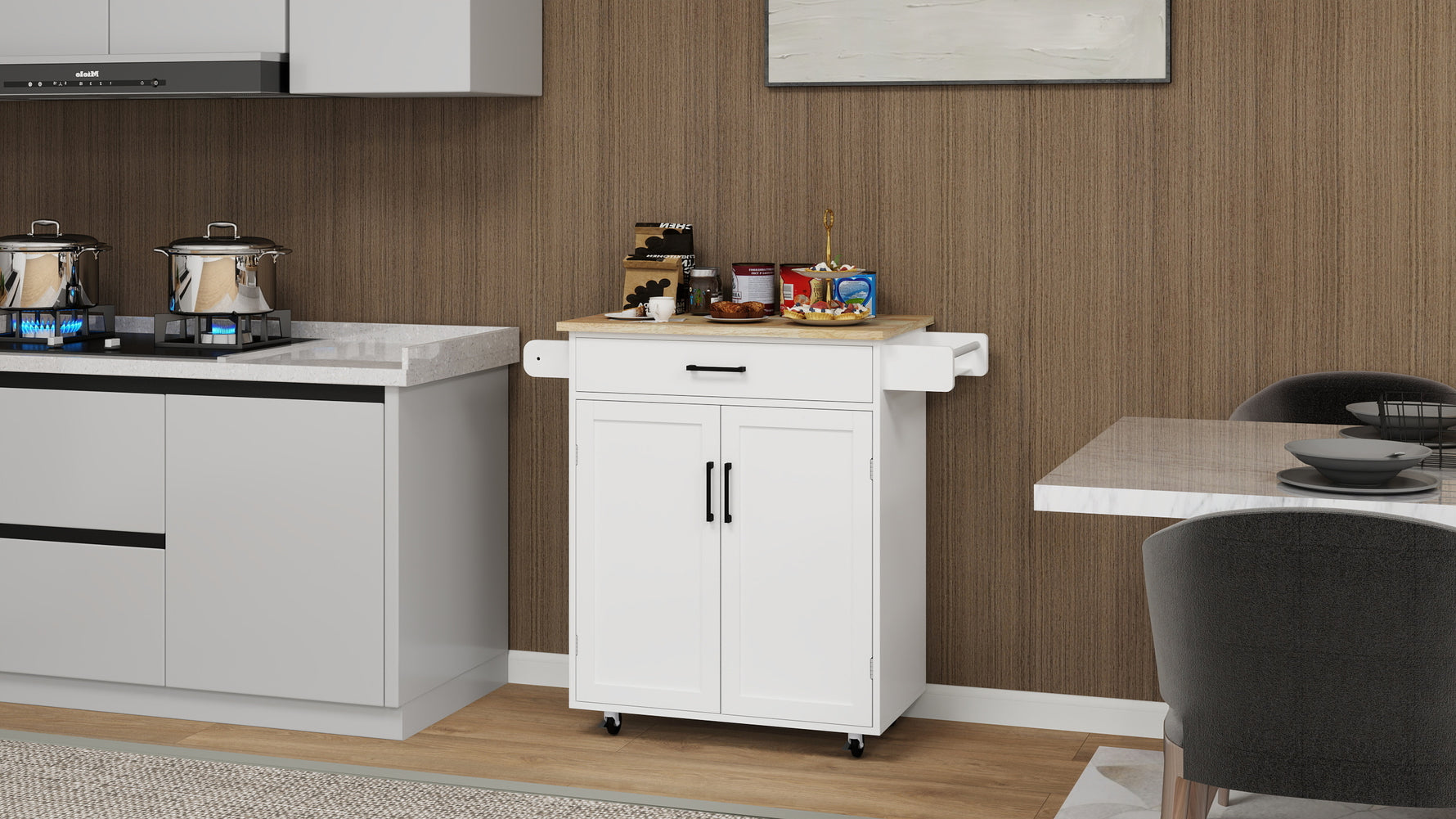 Mobilier d'entrée eprolo, îlot de cuisine roulant avec tiroir, portes, étagères ajustables et support pour serviettes.