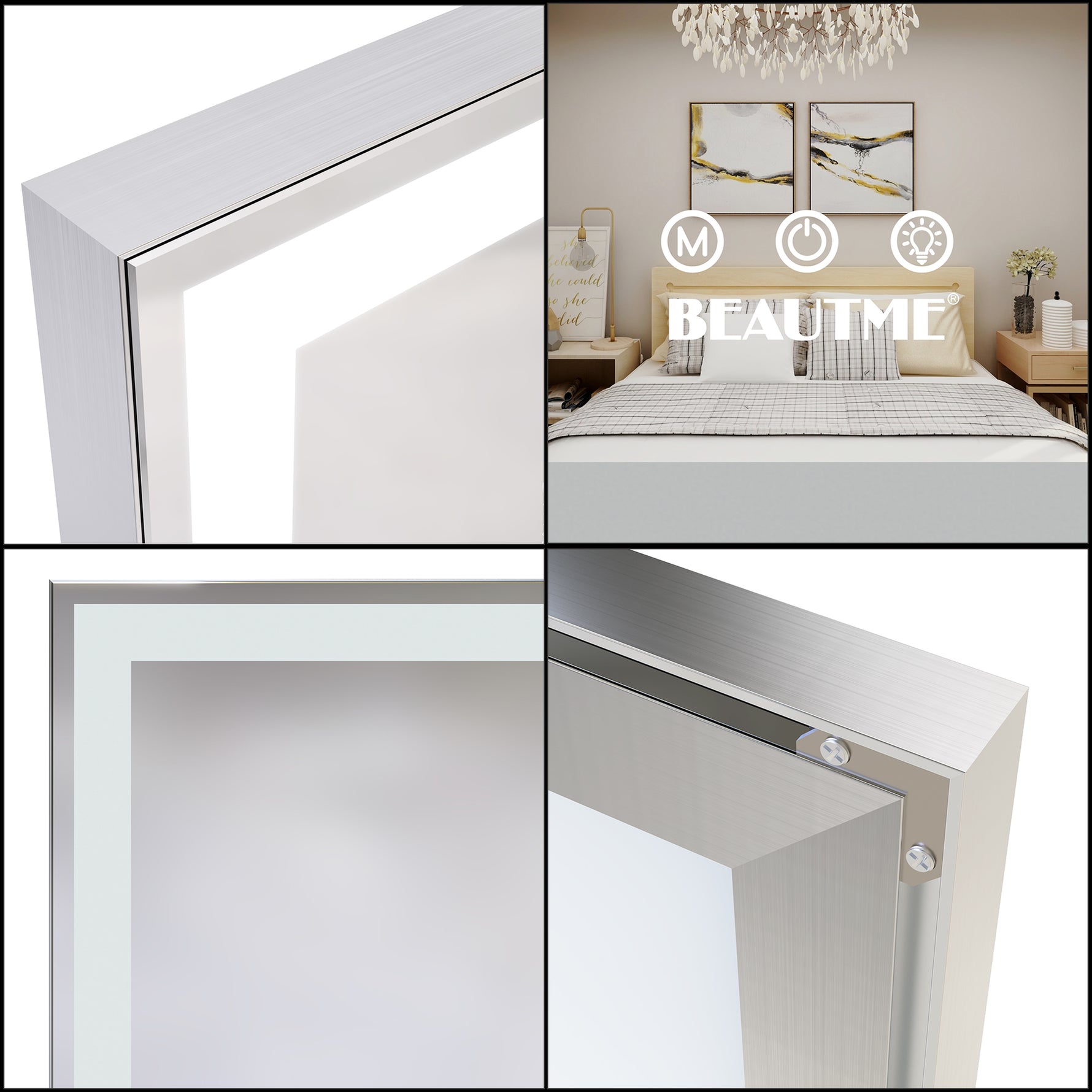 Grand miroir LED pour salle de bain eprolo, mural, avec cadre en aluminium, 3 modes de couleur, miroir plein corps.