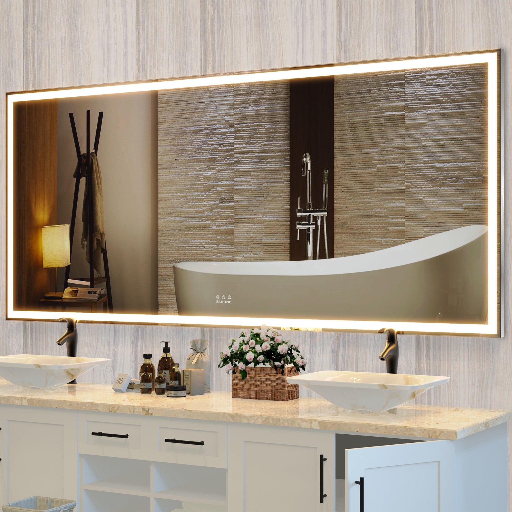 Grand miroir LED mural pour salle de bain de 72x32 pouces avec cadre en aluminium et 3 modes de lumière, miroir pleine longueur.