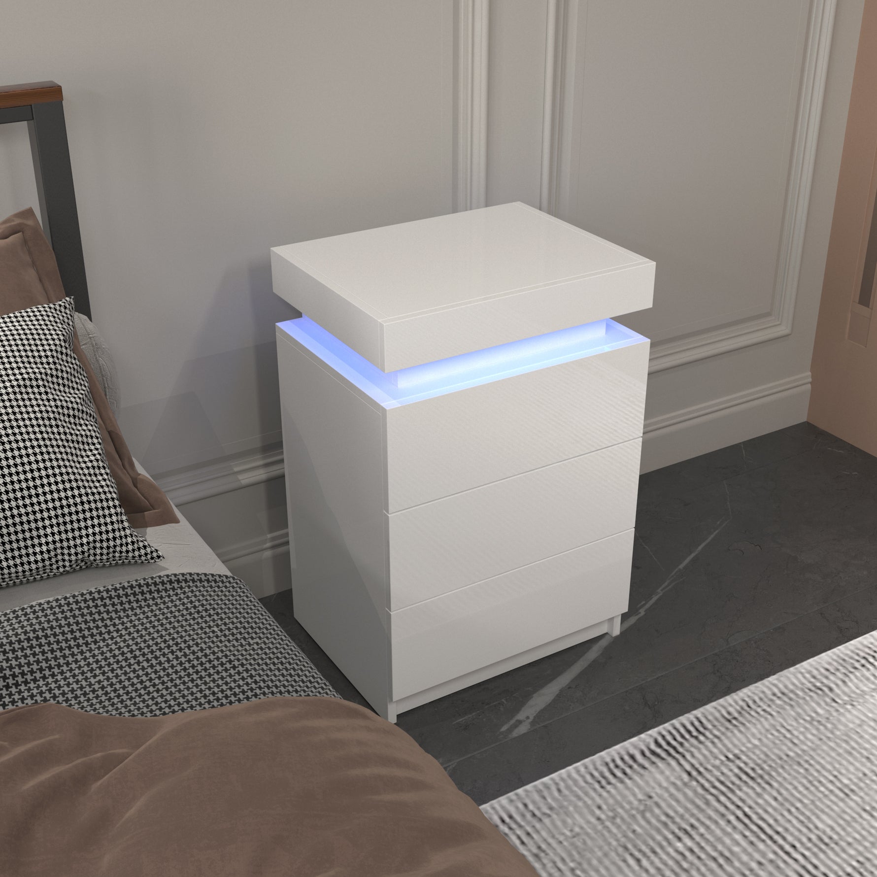 Lampe de chevet LED blanche eprolo, moderne avec panneau lumineux, placée sur une table de nuit dans une chambre élégante.