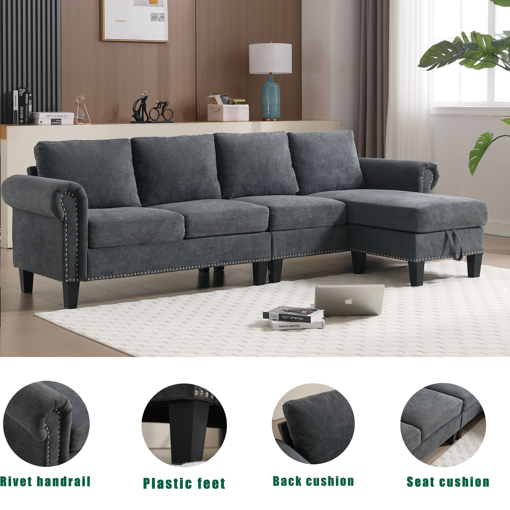Canapé d'angle convertible avec rangement eprolo, tissu gris, avec coussins, idéal pour salon moderne et pratique.