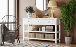 Console d'entrée eprolo en bois massif de pin, design rétro blanc antique avec deux étagères ouvertes, idéale pour salon.