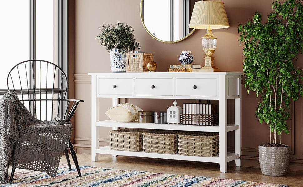 Console d'entrée eprolo en bois massif de pin, design rétro blanc antique avec deux étagères ouvertes, idéale pour salon.