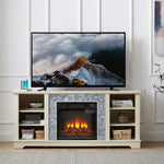 Meuble TV blanc avec cheminée électrique en pierre, espace de rangement ouvert, insert de 18 pouces, meuble media eprolo