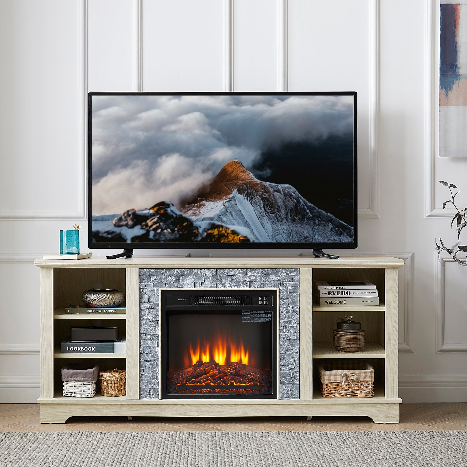 Meuble TV blanc avec cheminée électrique en pierre, espace de rangement ouvert, insert de 18 pouces, meuble media eprolo