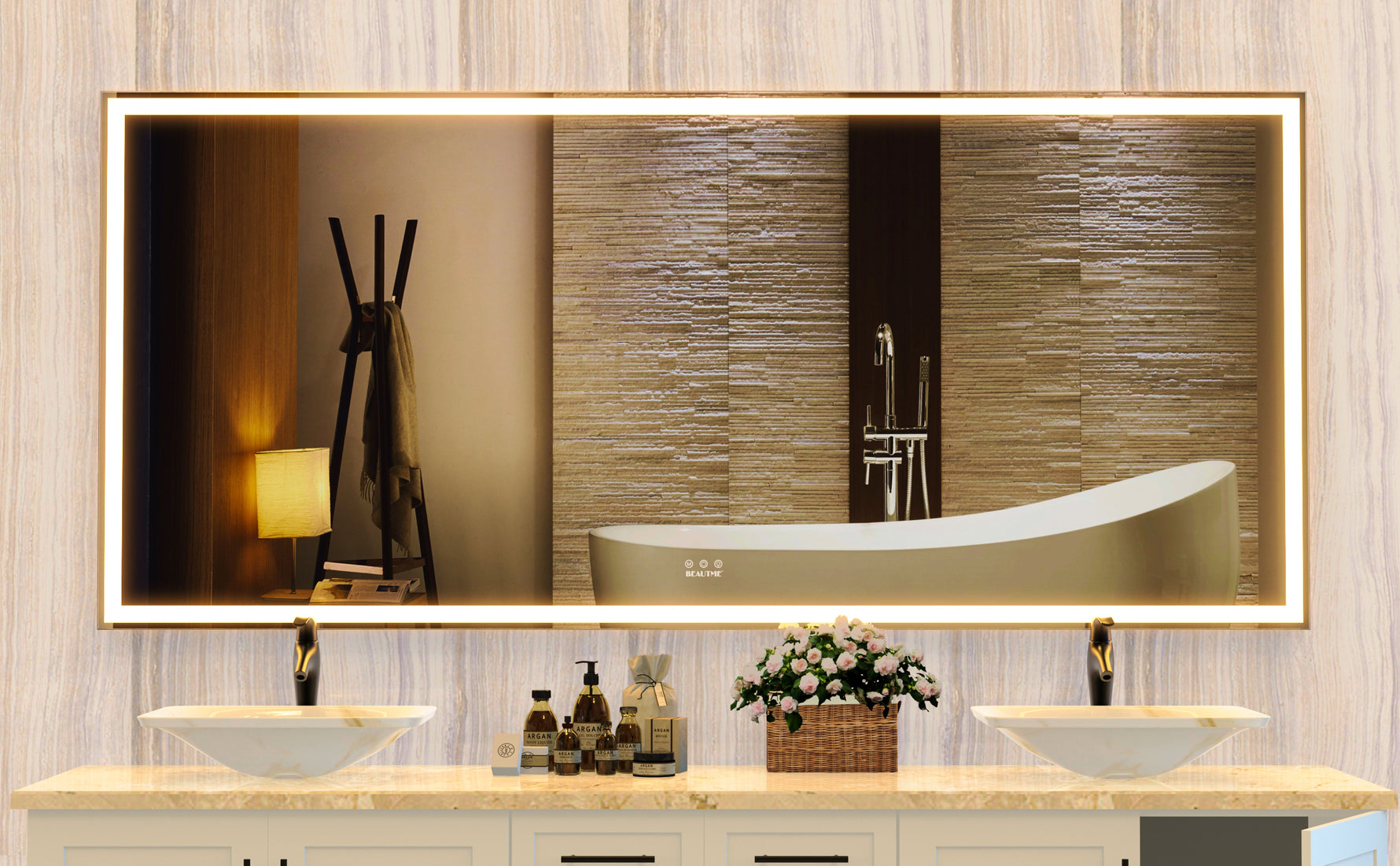 Grand miroir LED pour salle de bain Eprolo, mural, avec cadre en aluminium, trois modes de lumière, miroir corporel complet.