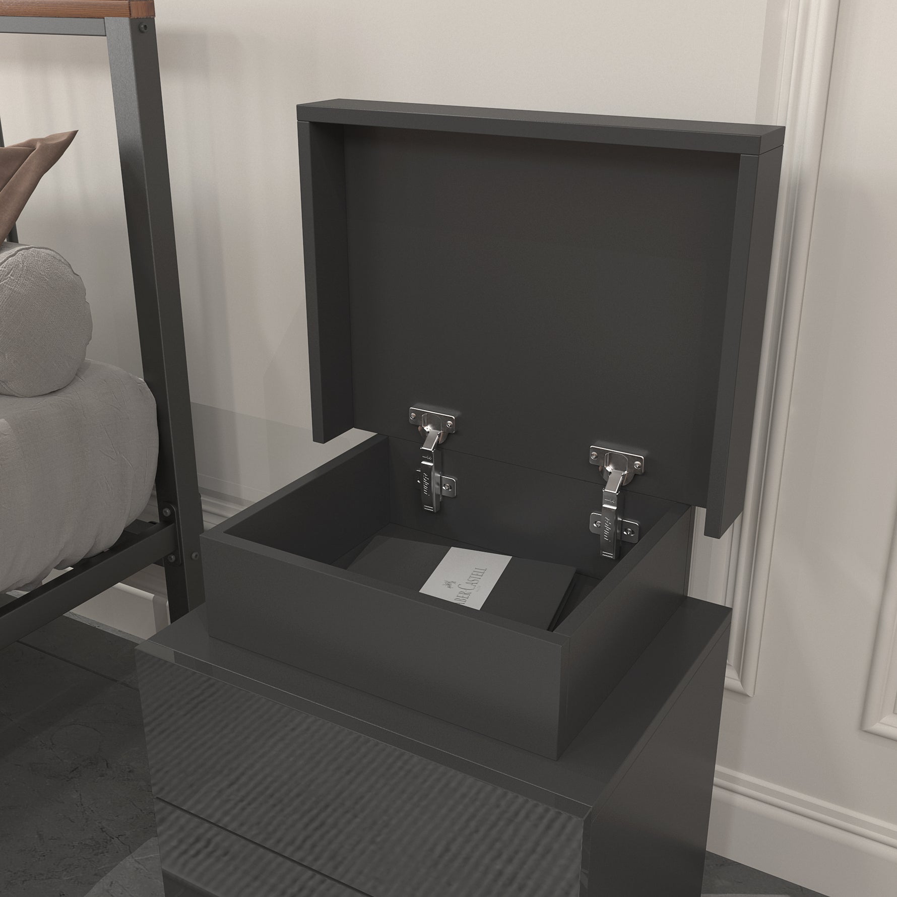 Lampe de table LED noire moderne eprolo sur une table de nuit avec design élégant et lumière douce.