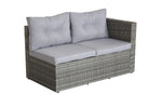 Salon de jardin en rotin gris eprolo, ensemble de 4 pièces avec canapé d’angle, table de rangement et coussins extérieurs.