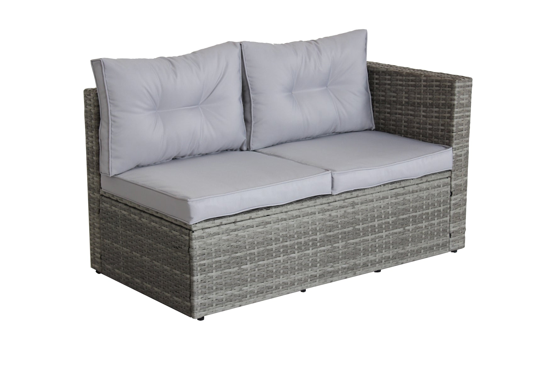 Salon de jardin en rotin gris eprolo, ensemble de 4 pièces avec canapé d’angle, table de rangement et coussins extérieurs.