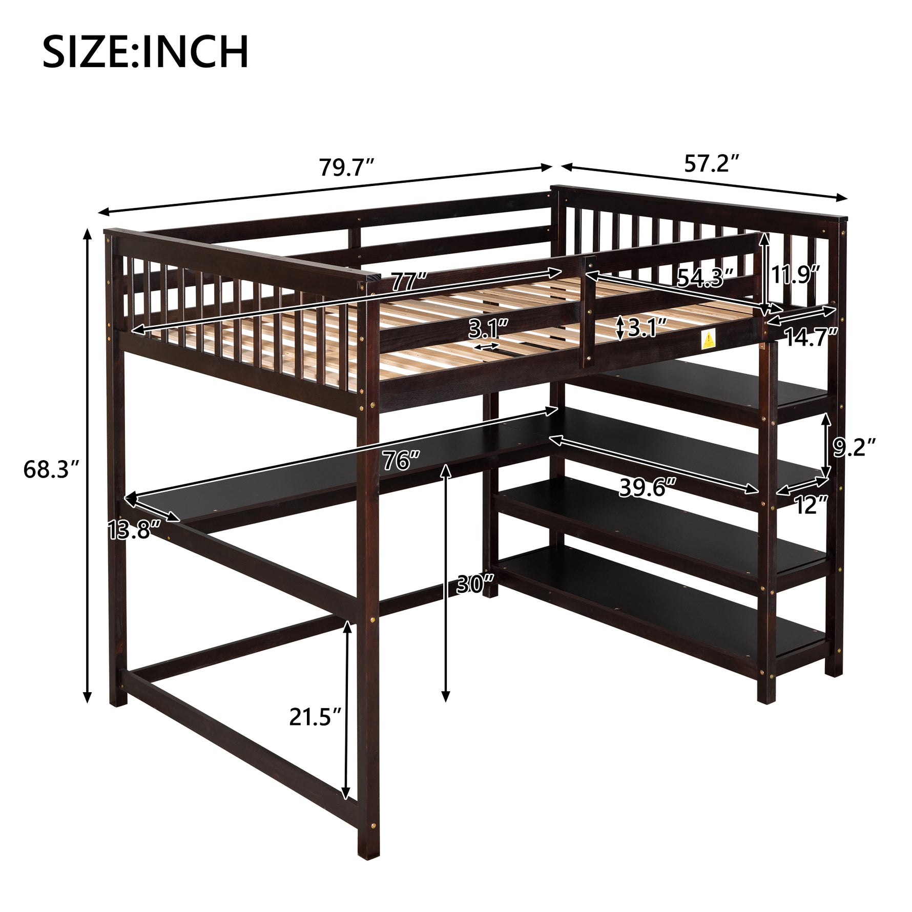 Lit mezzanine pleine taille eprolo avec étagères de rangement et bureau sous le lit, finition espresso, vue de l'ensemble.