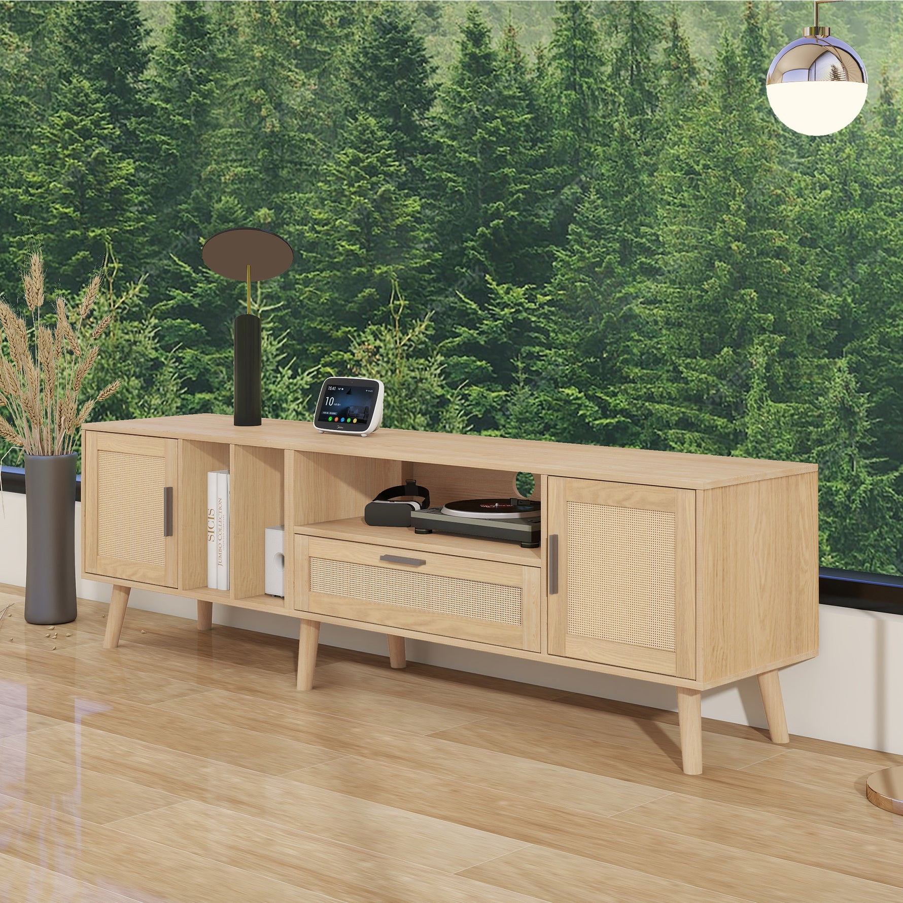 Support TV en bois eprolo Vine avec étagères et espace pour appareils multimédia, design moderne pour salon.