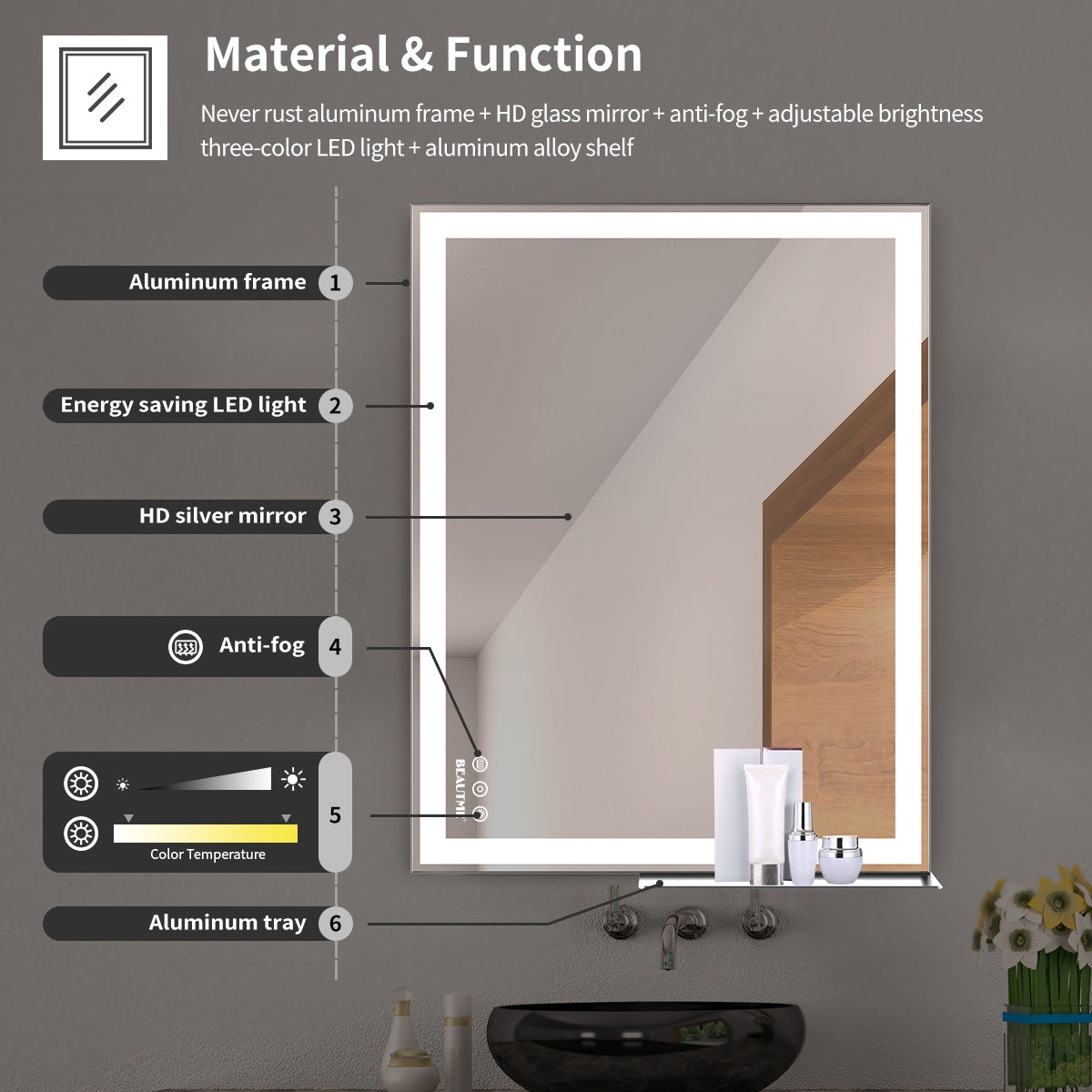 Miroir de maquillage LED pour salle de bains de 48x24 pouces, marque eprolo, avec éclairage lumineux et cadre élégant.