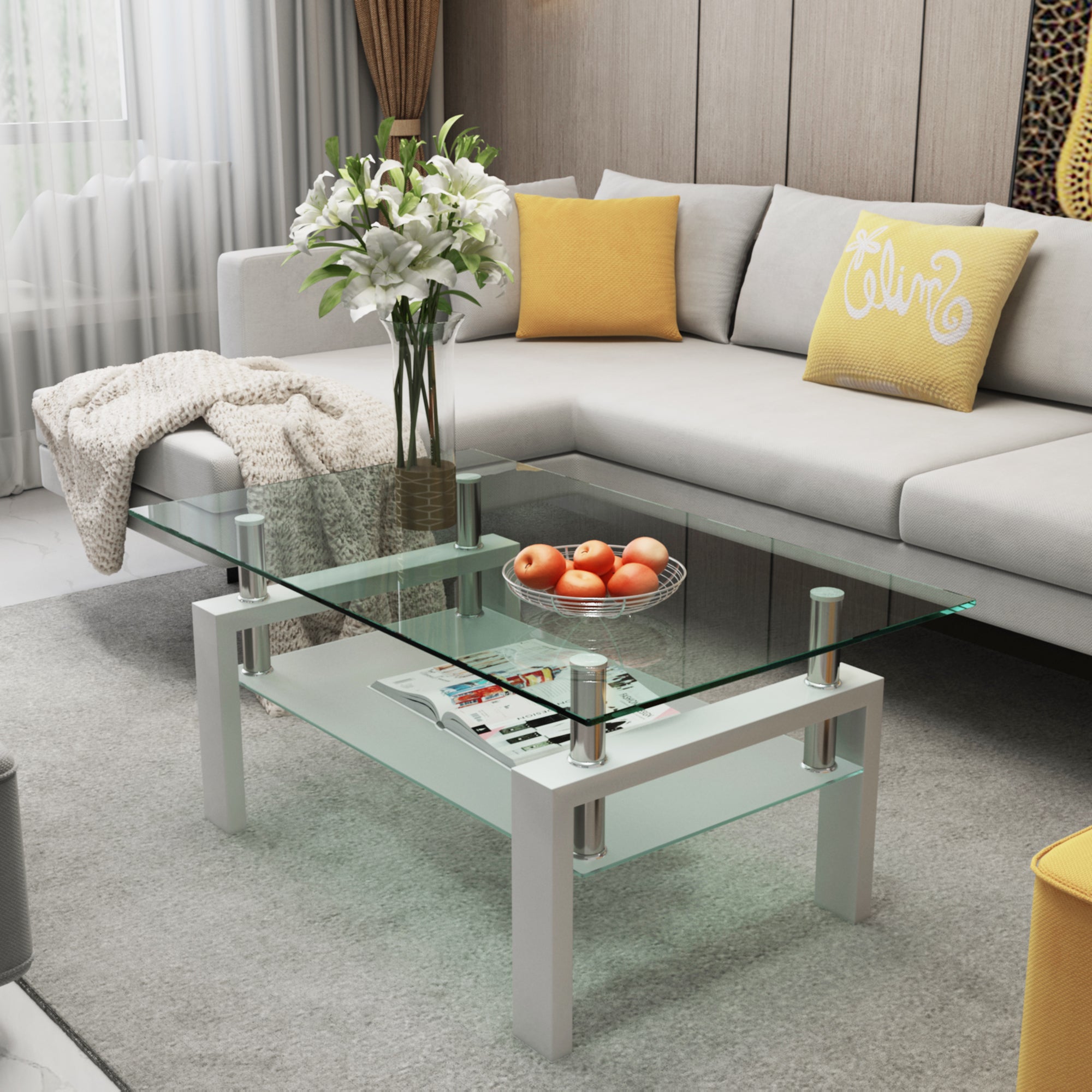 Table basse blanche en acrylique moderne de la marque eprolo, table d'appoint centrale pour salon avec surface transparente.
