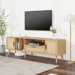 Support pour télévision Vine de eprolo en bois avec espace de rangement, vue de face avec détails du design.